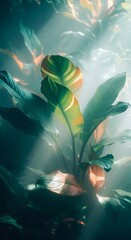 Fototapeta premium Underwater plant life with vibrant colors and light reflections.