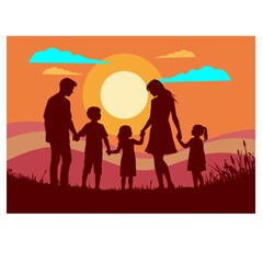hermosa familia paseando al atardecer