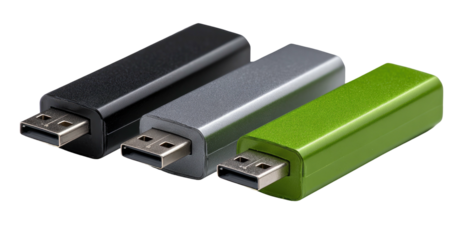 Three USB flash drives in various colors