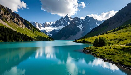 Fototapeta premium Serene mountain lake reflecting a vibrant sky