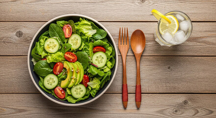 Overhead view of fresh salad with vegetables, wooden cutlery and refreshing drink on wooden table