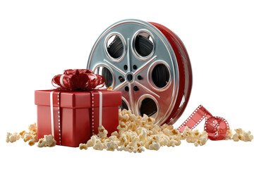 A 3D render of a film reel, gift box, and popcorn