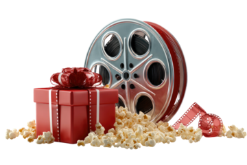 A 3D render of a film reel, gift box, and popcorn