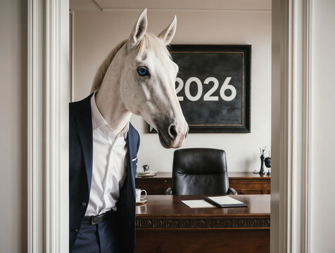 image of white horse with blue eyes, dressed in a businessman's business suit, peers into an open door in a respectable office with painting with the number 2026 on the office wall