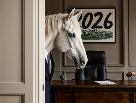 image of white horse with blue eyes, dressed in a businessman's business suit, peers into an open door in a respectable office with painting with the number 2026 on the office wall