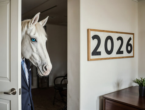 image of white horse with blue eyes, dressed in a businessman's business suit, peers into an open door in a respectable office with painting with the number 2026 on the office wall