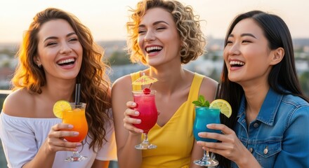 Girls' getaway: A cheerful rooftop gathering with cocktails and a vibrant skyline backdrop evokes