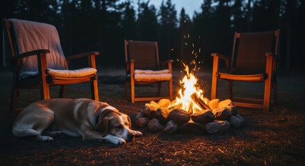 Peaceful evening camp scene featuring cozy chairs, warm campfire and adorable sleeping dog