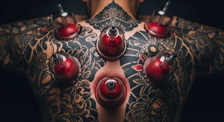 Tattooed torso undergoing cupping therapy with red silicone suction cups applied for pain