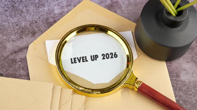 A magnifying glass reveals Level Up and then the year 2026 on a piece of paper, suggesting planning for future business success
