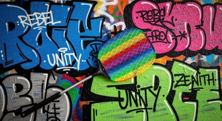 Colorful Graffiti Backdrop with Rainbow Paddle Creating a Vibrant Contrast