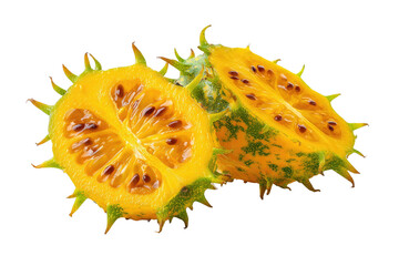 Two halves of a spiny, yellow fruit