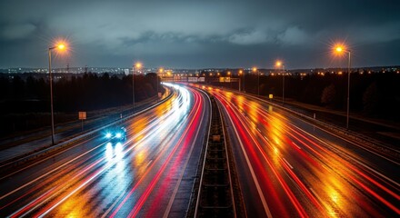 Night highway lights create stunning light trails, showcasing speed and movement of modern