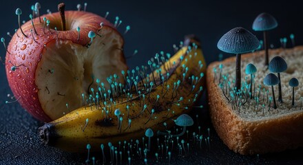 Surreal growth on decaying foods featuring an apple banana and bread loaf with fungi colonies