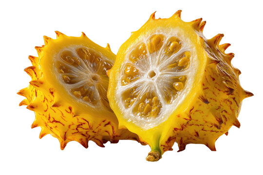 Two halves of a golden fruit with spiky exterior