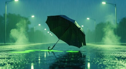 Lost umbrella on a glistening wet city street during a dark rainy green night