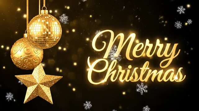Elegant golden christmas ornaments and star hanging against a dark background with glowing bokeh and the word merr