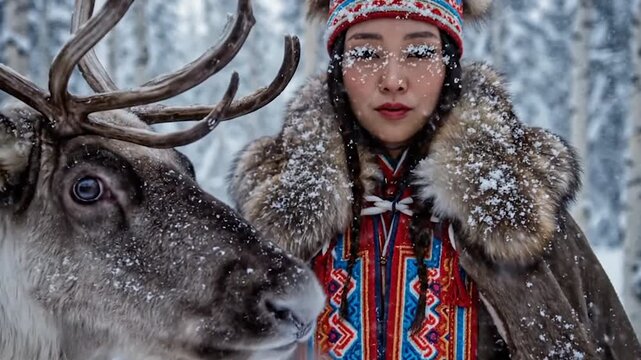 Winter's Soul A Serene S&aacute;mi Woman and Her Reindeer in a Snowy Lapland Forest
