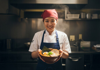 笑顔の女性店員が提供する、湯気立つ本格ラーメン - 日本の美食と温かいおもてなし