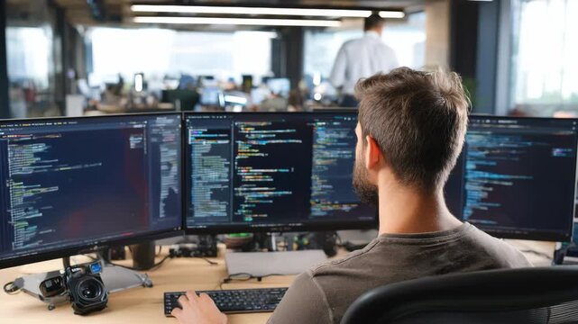 Developer working on dualmonitor setup refactoring legacy code to enhance software performance and integrate modern architecture smoothly.