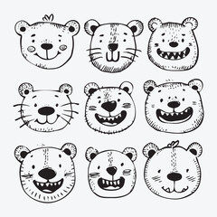Cute Hand-Drawn Bear Face Doodle Set. Vector Animal Illustrations for Kids. Collection of Cartoon Bear Head Sketches. Funny Animal Character Icon Pack.
