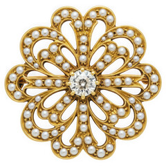 Vintage gold brooch with pearls and diamond isolated on transparent background