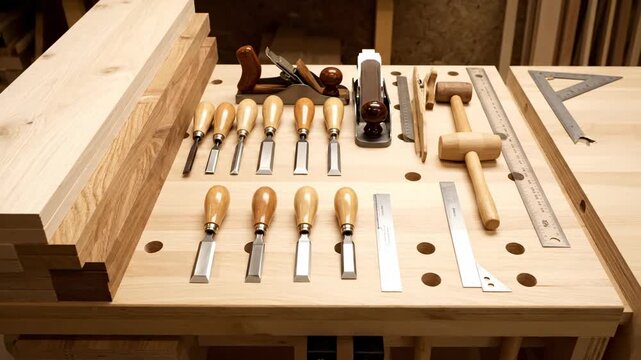 Overhead wide shot of an organized woodworking workbench displaying various clean hand tools and raw timber for a craft project DIY, home improvement, inspiration