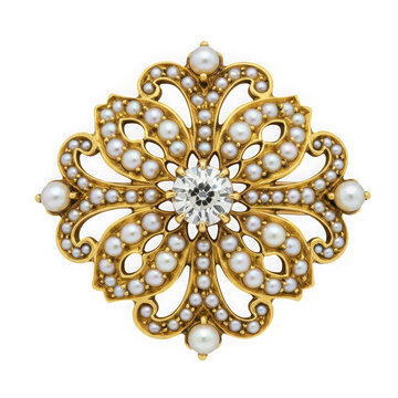Vintage gold brooch with pearl and diamond isolated on transparent background