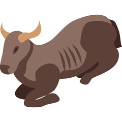 Brown Bull Lying Down Side View With Tan Horns In A Simple Isometric Graphic Design On A Transparent Background