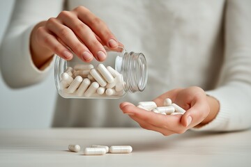 Close up of hands pouring white capsules from a bottle, representing medication and healthcare concept.