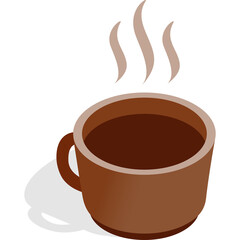 Brown Ceramic Coffee Cup with Steam Rising Against a Transparent Background Isometric 3D Style