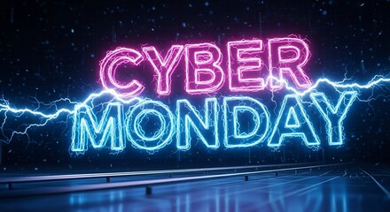 Cyber Monday deals promotion. Neon glowing lettering for digital marketing campaigns, online sales banners, advertising, and festive season promotions.