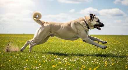 Majestic kangal dog sprints across vibrant meadow under clear azure sky conveying exuberance and