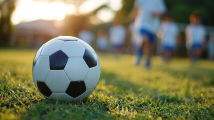 Fototapeta premium Close-up of a black and white soccer ball placed on a green grass field. In the background, there are many children running and playing soccer. 