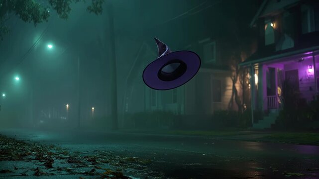 Mysterious Atmosphere of Floating Purple Witch Hat in Misty Street at Halloween Night