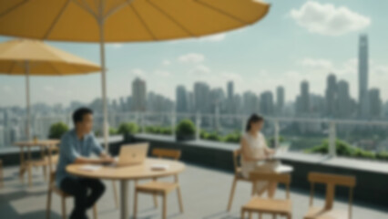 background blurred Evergrande rooftop workspace, tables with laptops under large umbrellas, background of urban skyline, sunny noon, bright natural light, 35mm lens, slow circular pan, Fujicolor C200