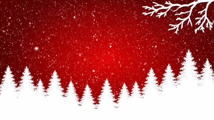 Festive red background with falling snow and silhouette of pine trees and a bare branch, perfect for christmas and winter themes - Powered by Adobe
