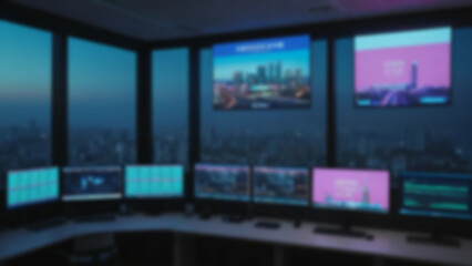 background blurred Evergrande’s digital marketing office, neon signs and digital ad mockups on screens, blurred traffic lights visible through windows, evening, RGB ambient lighting, 28mm lens