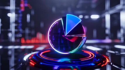 A glowing, 3D pie chart graphic, suspended in a dark, futuristic environment with vibrant neon lighting - Powered by Adobe