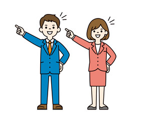 目標に向かってチャレンジする、若い会社員の男性と女性の全身ベクターイラスト素材＿カラー