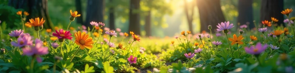Fototapeta premium Lush wildflowers carpet a sun-dappled forest floor, creating a vibrant, natural scene bursting with color and life Perfect for nature, spring, and environmental themes , wilderness, field, petals