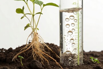 Plant with visible roots next to transparent nutrient tube