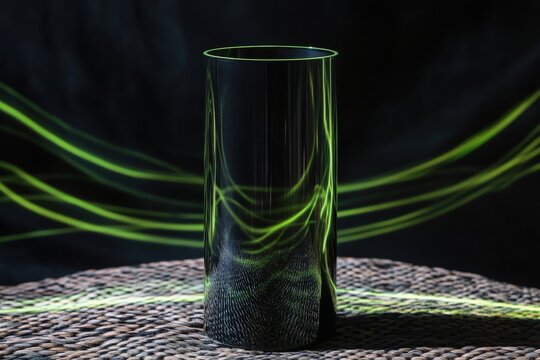 Dark glass cylinder with vibrant green light trails.