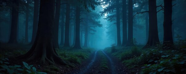 Mysterious, shadowy depths of a dark forest at night Ancient trees loom, casting long, eerie shadows across the path An atmospheric scene perfect for fantasy or horror themes , gothic, shadowy