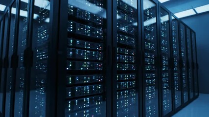Modern server room with rows of blinking lights representing secure infrastructure for vast amounts of technology information information technology, technology solutions, racks - Powered by Adobe