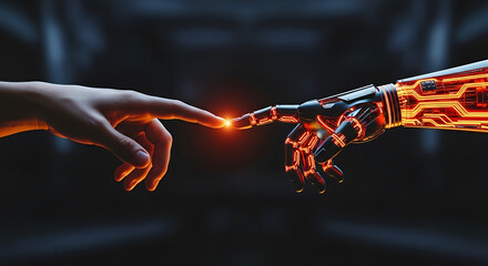 Encounter between humanity and artificial intelligence, fusion of technology and modern creativity, human hand and robotic hand touching with an intense light