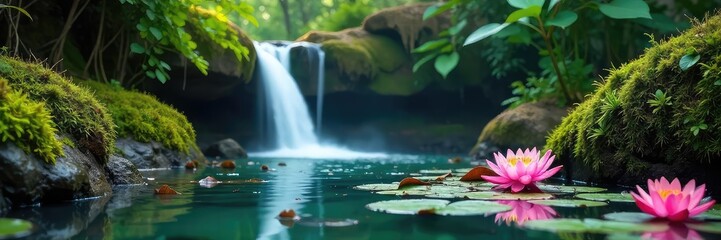 Fototapeta premium Serene waterfall cascading down mossy rocks, with vibrant water lilies blooming in the tranquil pool below Perfect for nature, tranquility, and serenity themed projects , calm, peace, serenity