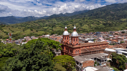 Supia, Caldas - Colombia. October 7, 2025. Panoramic drone view of the town's main church