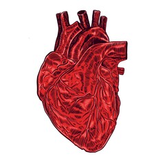 Red human heart. Illustration of anatomical hand drawing with white background