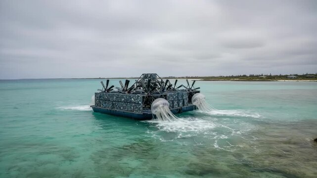 Tidepowered water mixer operating in shallow waters under overcast skies demonstrating efficient tidal force utilization for environmentally conscious water circulation.